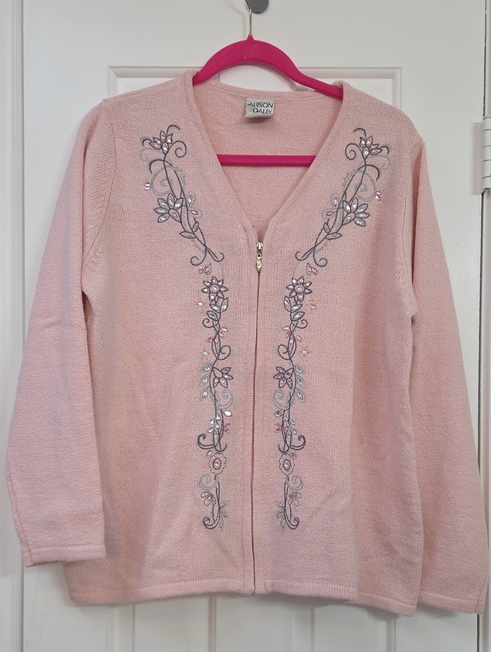 Allison Daley Light Pink V-Neck Zip Sweater with Embroidered Floral Trim